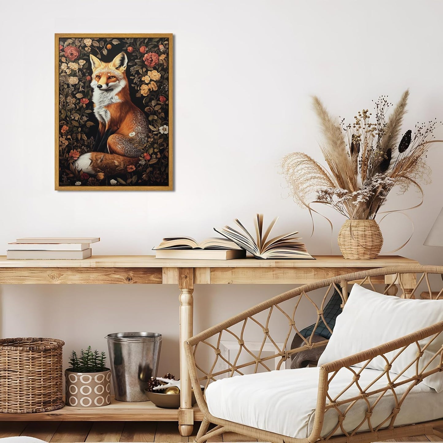 Framed Vintage Wall Art, Boho Canvas Wall Art, Dark Flowers Pictures, Nature Botanical Wall Decor, Fox Animal Paintings Prints, for Living Room Bedroom Home Decor 12x16in