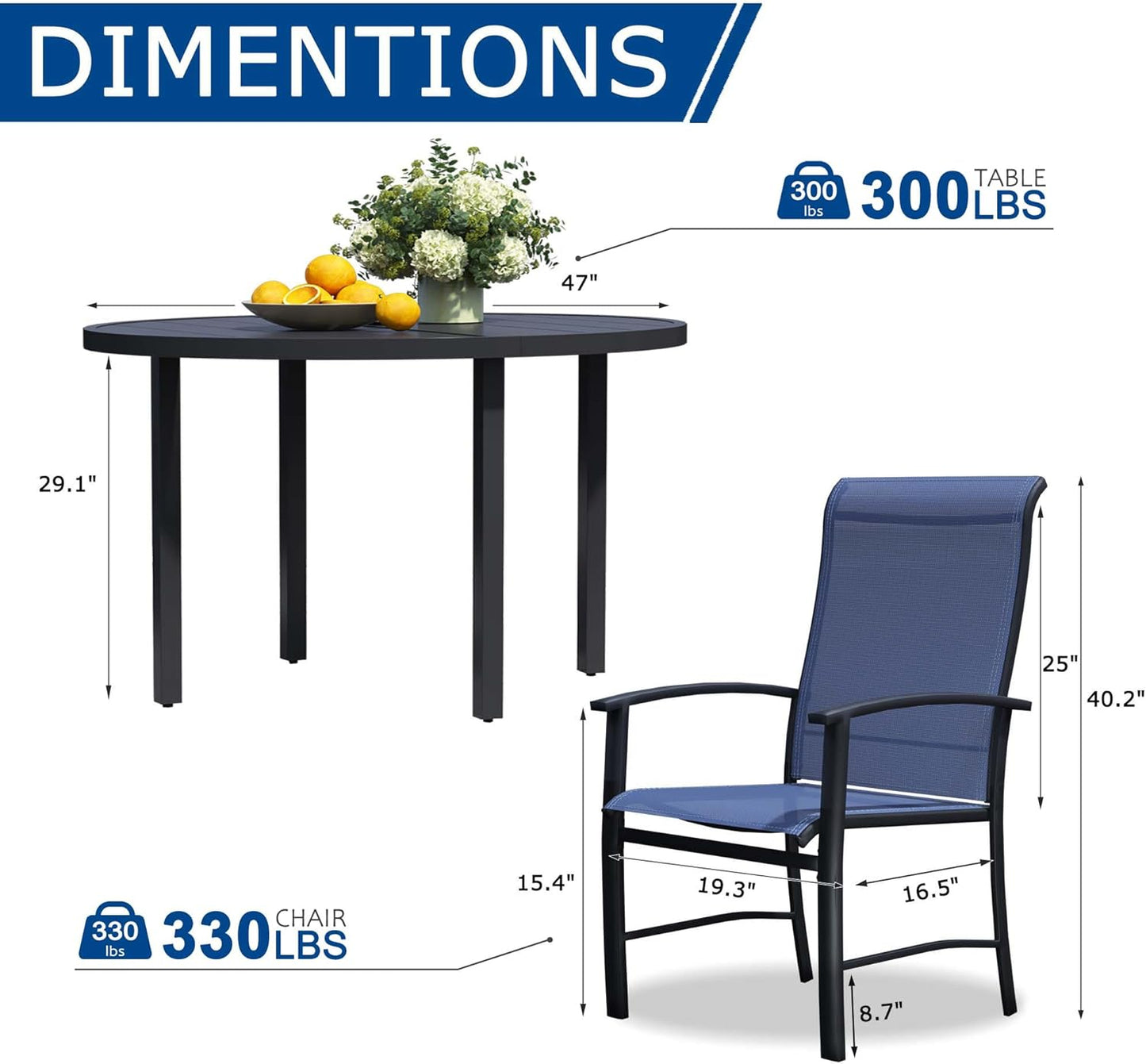 7 Piece Outdoor Dining Set, Patio Table and Chairs Set of 6, 47" Black Round Patio Table with 6 Blue Outdoor Patio Chairs for Lawn, Garden, Porch