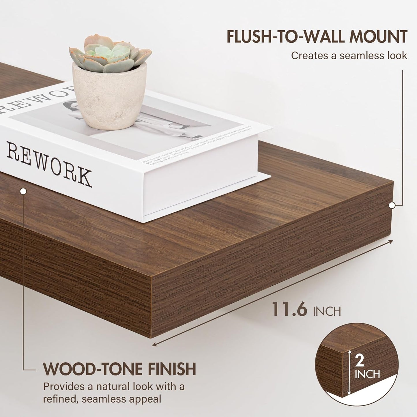 48 Inch Floating Shelves, 12" Deep Floating Shelf Wall Mounted, 48" Wall Shelves, Rustic Deep Bookshelf, Extra Deeper & Thicker Display Shelves for Bedroom, Living Room, Walnut, Set of 2