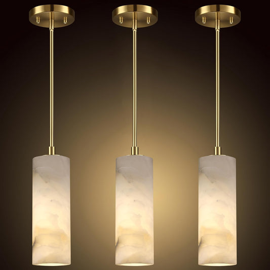 1 Light Modern Industrial Farmhouse Hanging Kitchen Island Pendant Ceiling Light Fixture,Cylinder Natural Alabaster Marble Brushed Bronze Finish Over Sink Restaurant bar Corridor