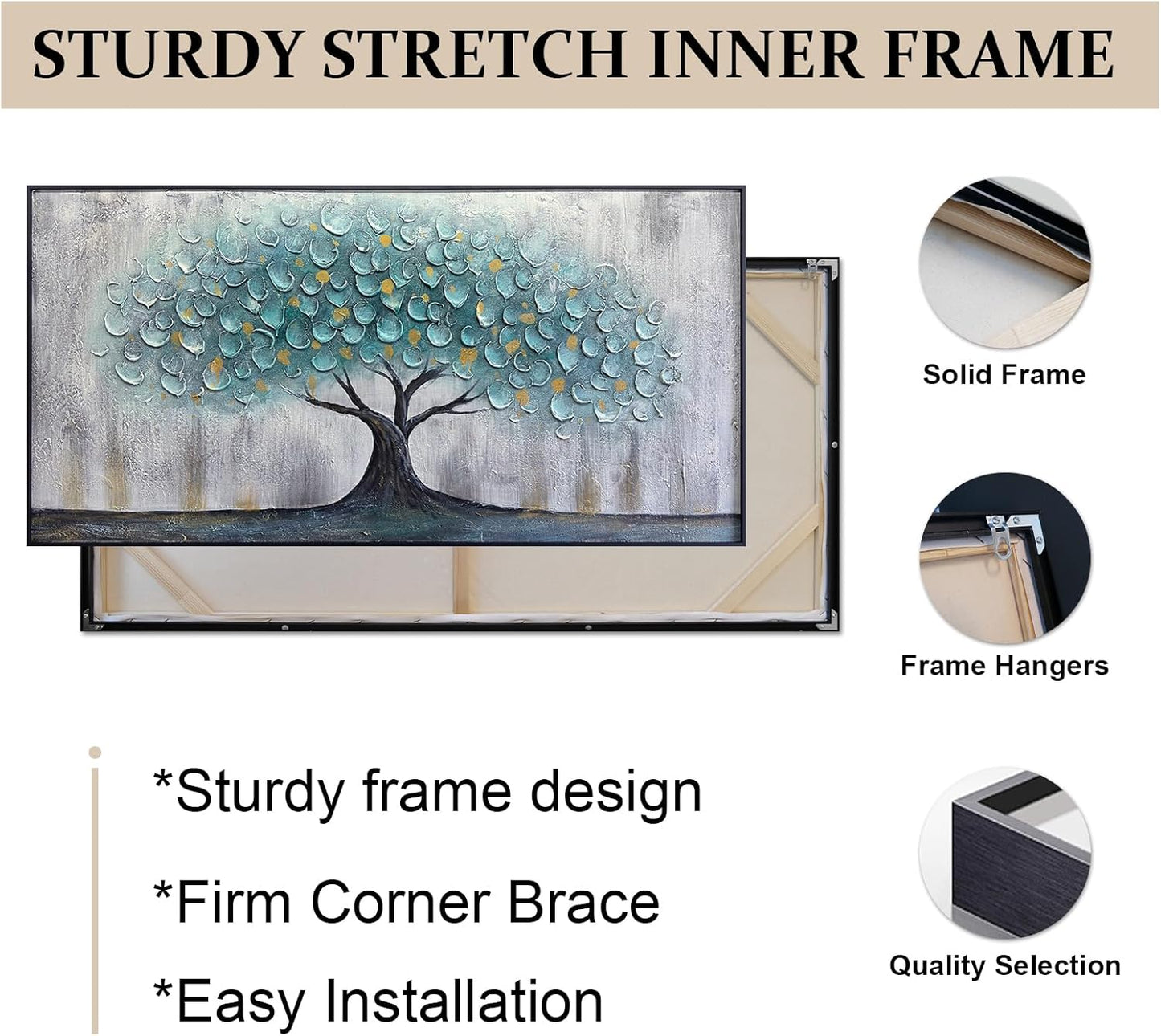 Teal Blue Tree of Life Canvas Wall Art, Hand Painted Modern Abstract Textured Painting, Large Framed Panoramic Landscape wall art for Living Room, Bedroom, Office, Home Decor 40"x20"