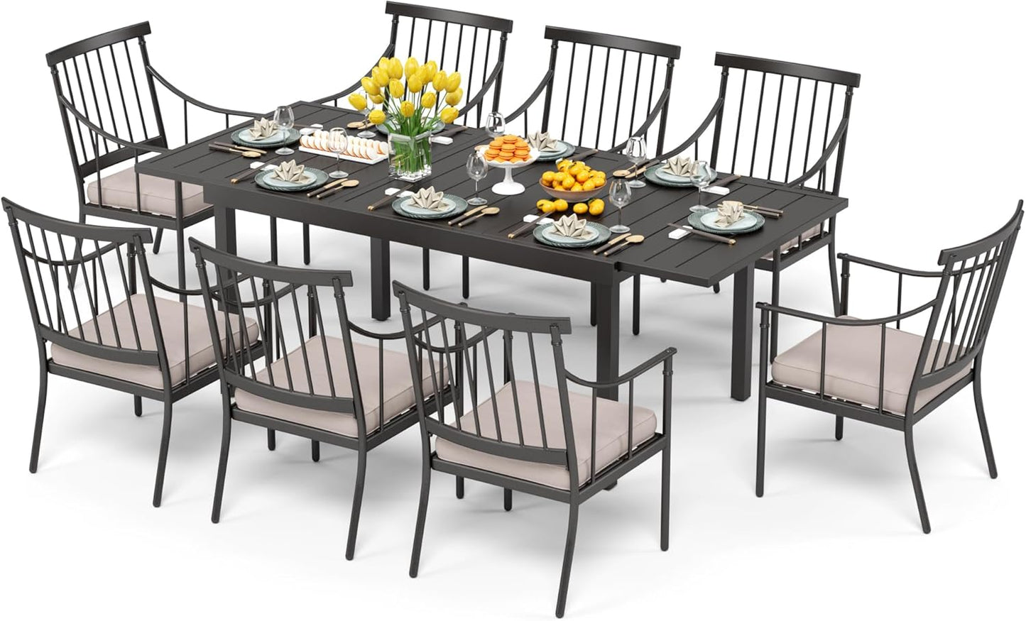 PHI VILLA 9 Piece Large Outdoor Dining Table Set, Expandable Rectangular Metal Dining Table & Cushioned Steel Chairs for Patio, Deck, Yard