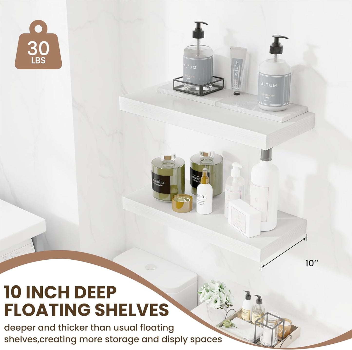 Fun Memories 24 Inch Floating Shelves Wall Mounted, 10 Inch Deep Wall Shelves, 24 x 10 Floating Shelf for Living Room Bathroom Bedroom, White, Set of 2