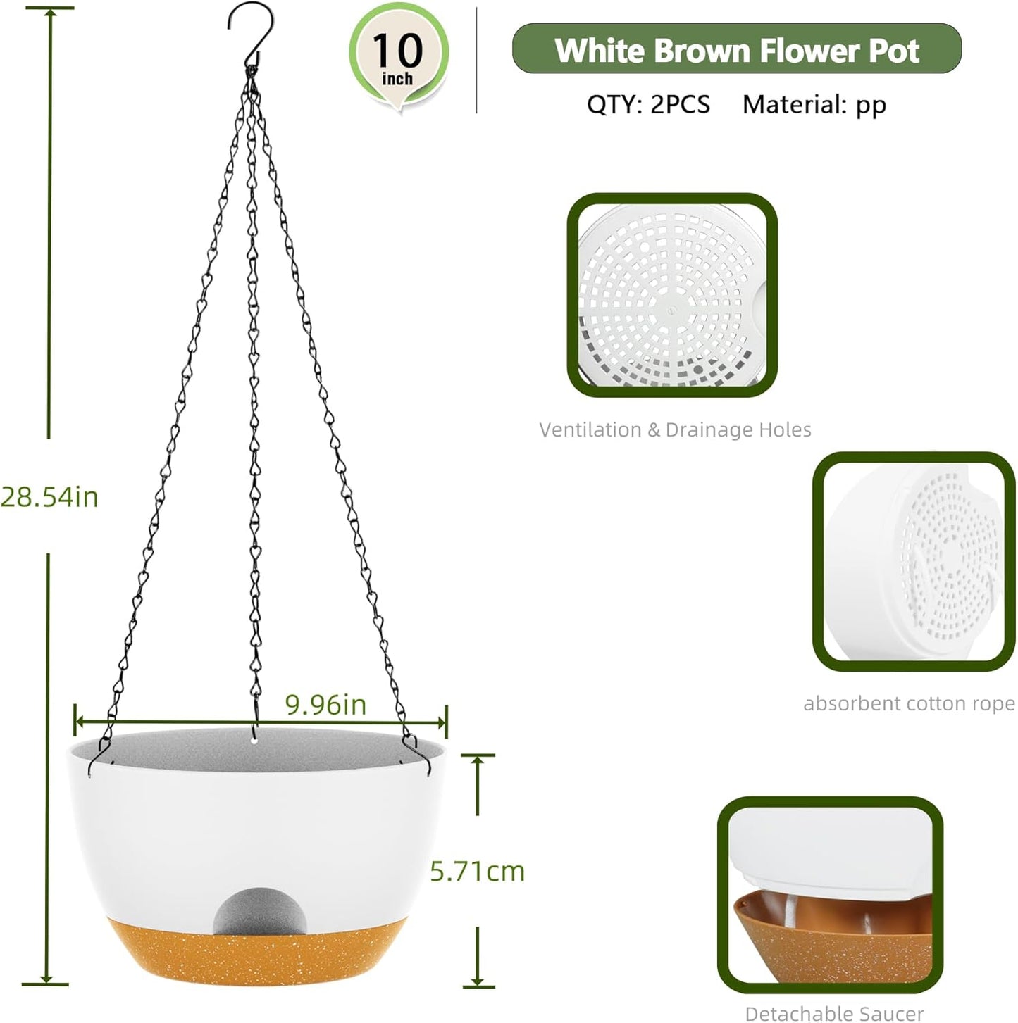 10 Inch Hanging Baskets 2 PC with Chains, Self-Watering Hanging Planters for Indoor Outdoor Plants, Plastic Hanging Flower Pots,White Brown