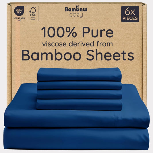 Bambaw Queen Sheet Set 6pcs – 100% Viscose Derived from Bamboo Bed Sheets Queen Size, Breathable Cooling Sheets, Luxury Sheets, Buttery Soft Bed Sheets, Deep Pockets Fits Up to 16'' (Navy Blue)