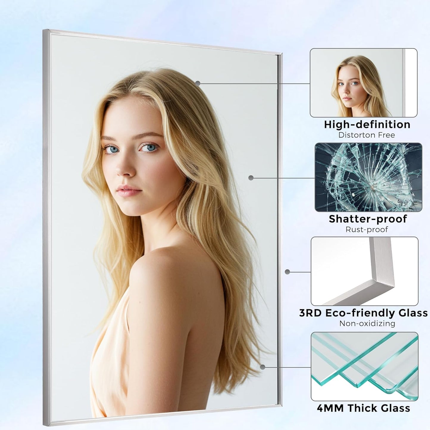 24x40 Inch Nickel Bathroom Mirror for Wall, Aluminum Frame Rectangle Rectangular Vanity Mirror, Modern Large for Bedroom, Living Room, Horizontal or Vertical