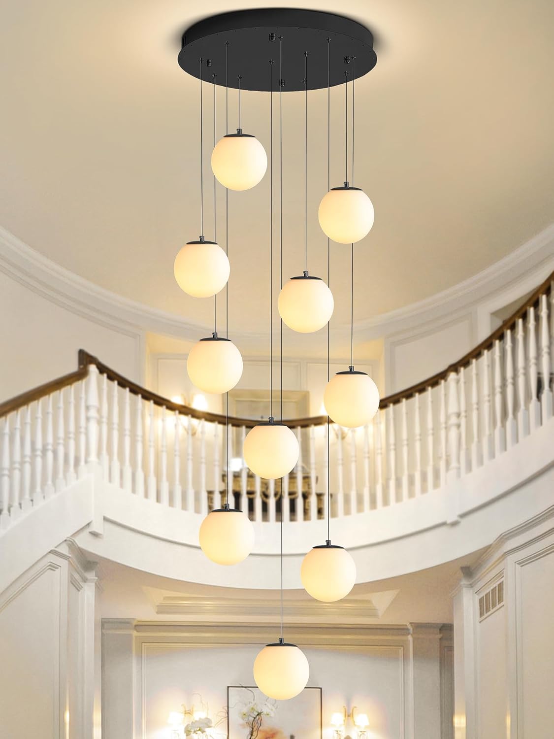 10-Light Black Chandelier with White Globe Glass Dimmable Ceiling Light Glass Pendant Light for Kitchen Island, Dining Room, Living Room, Entry Hallway, LED Bulbs Included