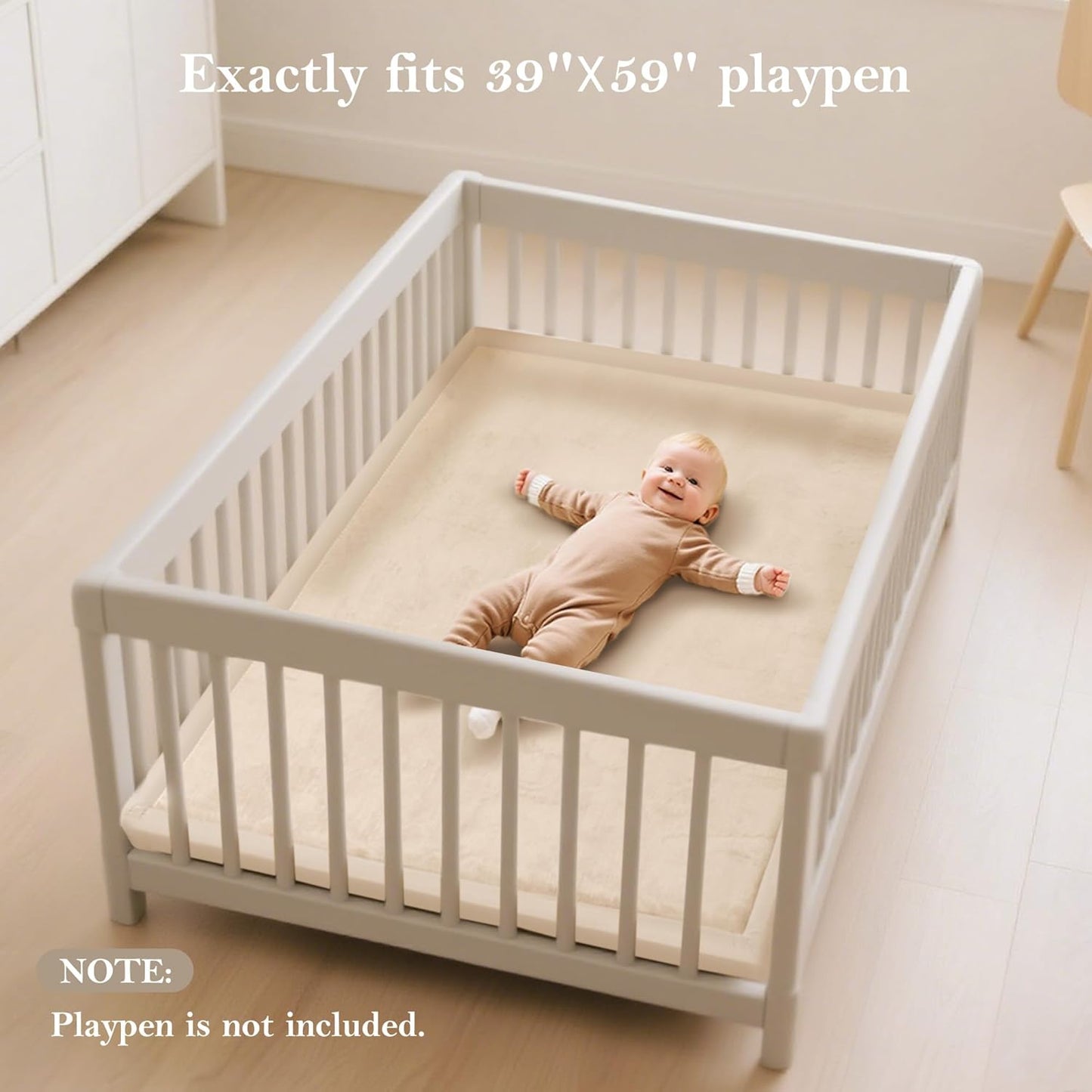 Baby Play Mat for Floor, 1.3" Thick Memory Foam Muscle Playpen Cushion, Soft Coral Velvet Tummy Time Mat with Non-Slip Backing, Water Repellent Child Nursery Rug for Toddlers, Kids (Beige, 39X59)