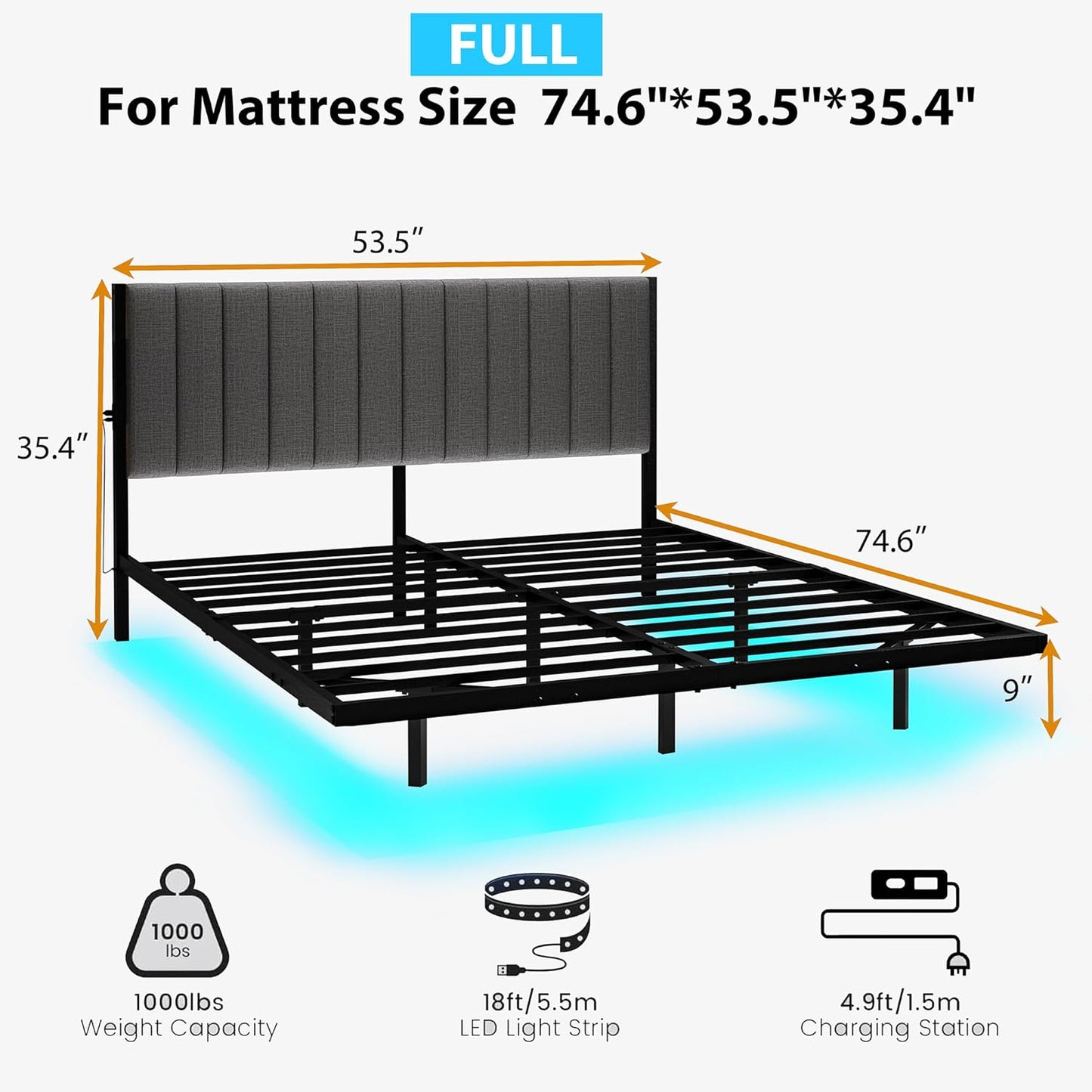 Floating Full Bed Frame with LED Lights & Charging Station,Metal Platform Bed Frame Full Size with Upholstered Headboard,No Box Spring Needed,Heavy Duty Steel Slats,Easy to Assemble No Noise