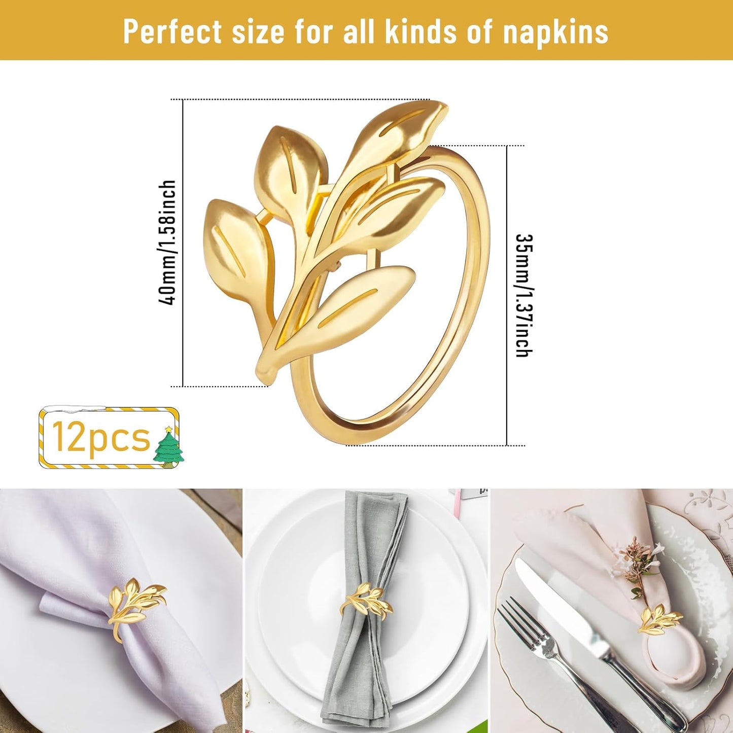 Gold Napkin Rings Set of 12, Metal Leaf Napkin Ring Holders for Cloth Napkins, Fall Napkin Ring Buckles Bulk for Wedding Receptions, Christmas Thanksgiving Holiday Party Dinner Table Settings