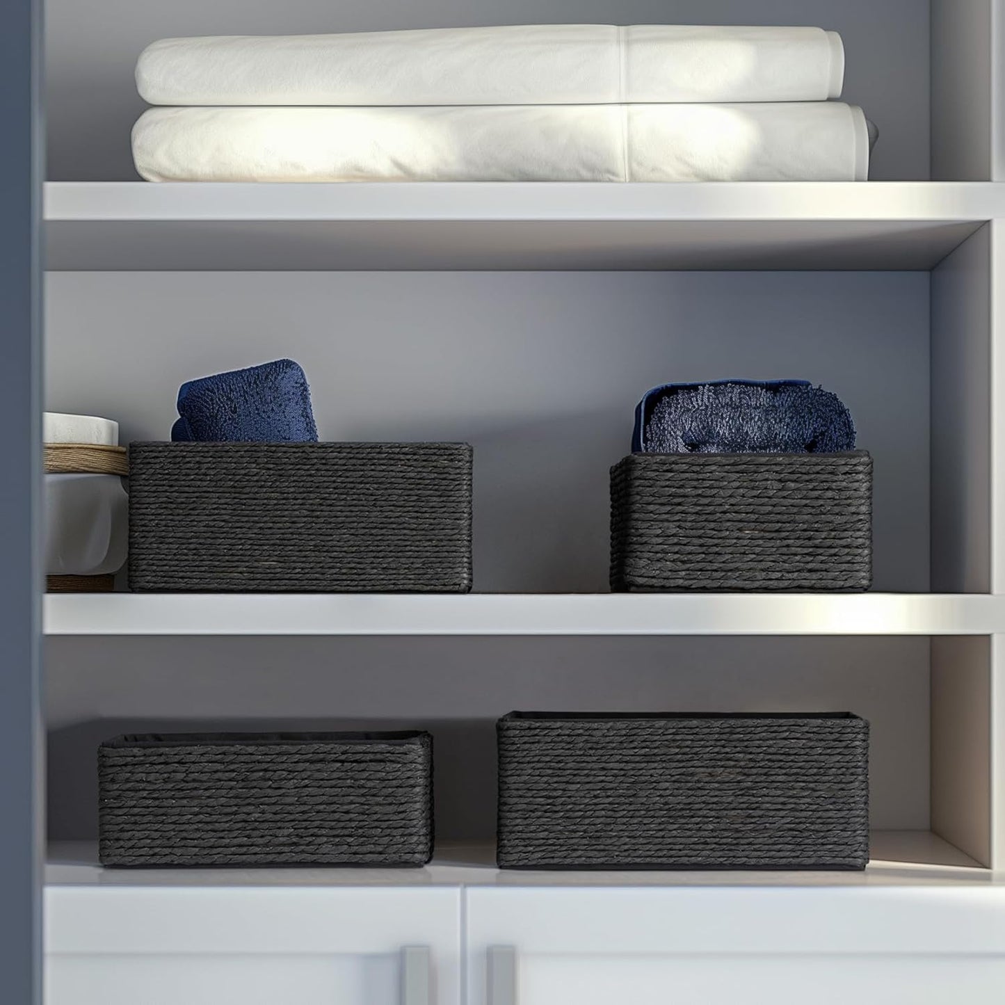 LA JOLIE MUSE Storage Baskets Set 4 - Sturdy Woven Paper Rope Decorative, Stackable Wicker Baskets for Makeup Closet Bathroom Bedroom (Ebony Black)