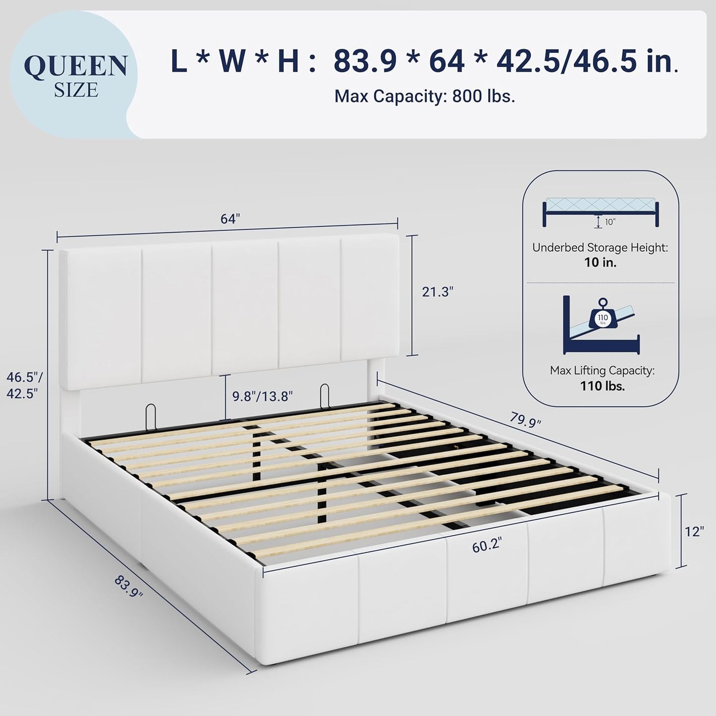 Allewie Queen Size Velvet Lift Up Storage Bed Frame, Vertical Channel Tufted Headboard, Hydrualic Underneath Storage, Upholstered Platform Bed, Wooden Slats Support, No Box Spring Needed, White