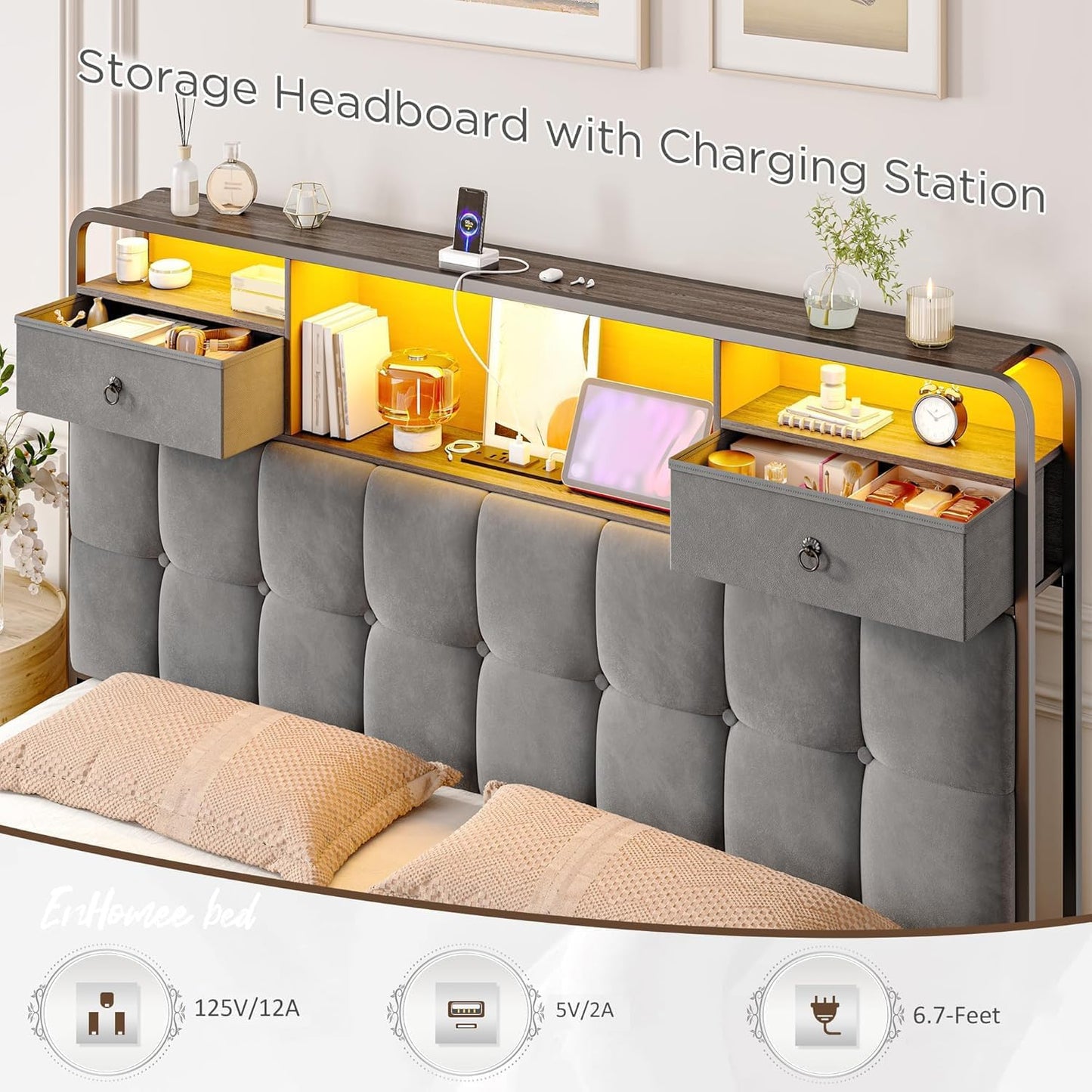 EnHomee Queen Bed Frame with Upholstered Headboard and 6 Storage Drawers,Camas Queen with LED Lights and Charging Station,no Box Spring Needed,No Noise, Easy Assembly,Velvet,Sturdy,Soft,Grey