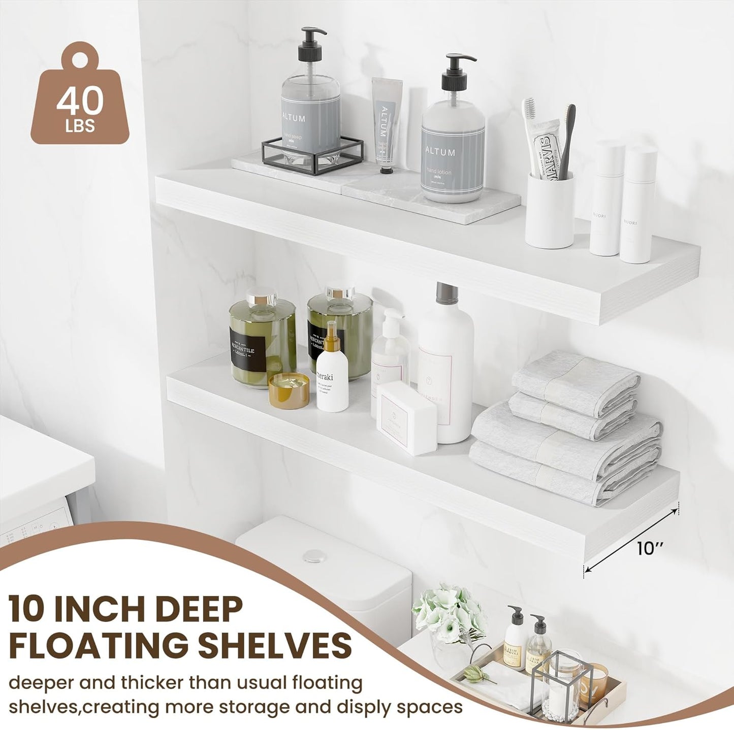 Floating Shelves Set of 2, 36 Inch Long Wooden Wall Shelves, 10 Inch Deep Wall Mounted Storage Shelf with Metal Brackets for Living Room, Bathroom, Bedroom and Kitchen, White