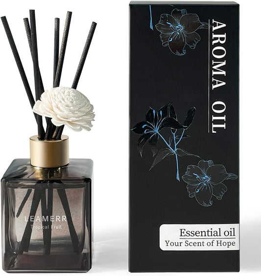 Reed Diffuser Set, 6.1 oz (180 ml) Tropical Fruit Scented Diffuser with Sticks Long-Lasting Home Fragrance Reed Diffuser for Home Room Office Bathroom Shelf Decor