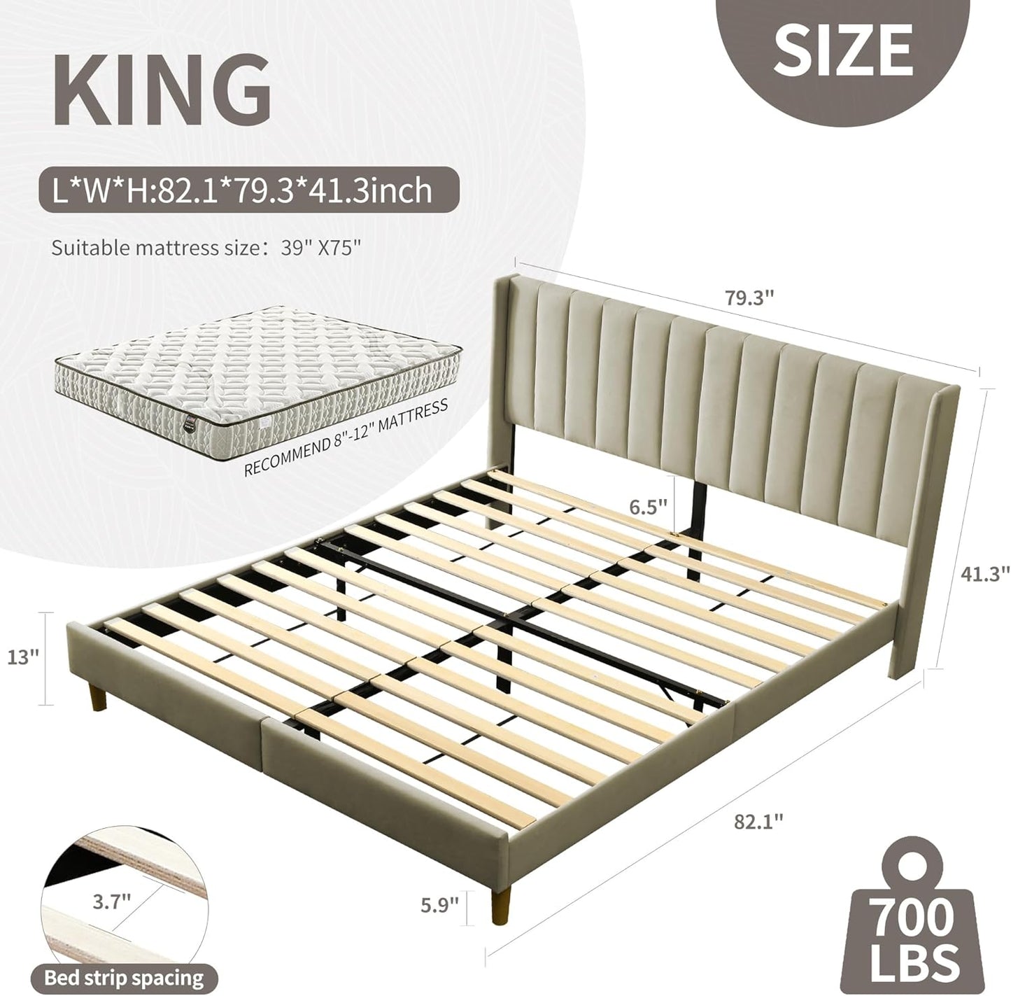 YUHUASHI upholstered Platform Bed Frame/King Bed Frame/Modern Geometric Double-Wing Design headboard/Linen Fabric/Easy to Assemble no Noise (Beige, King (U.S. Standard))
