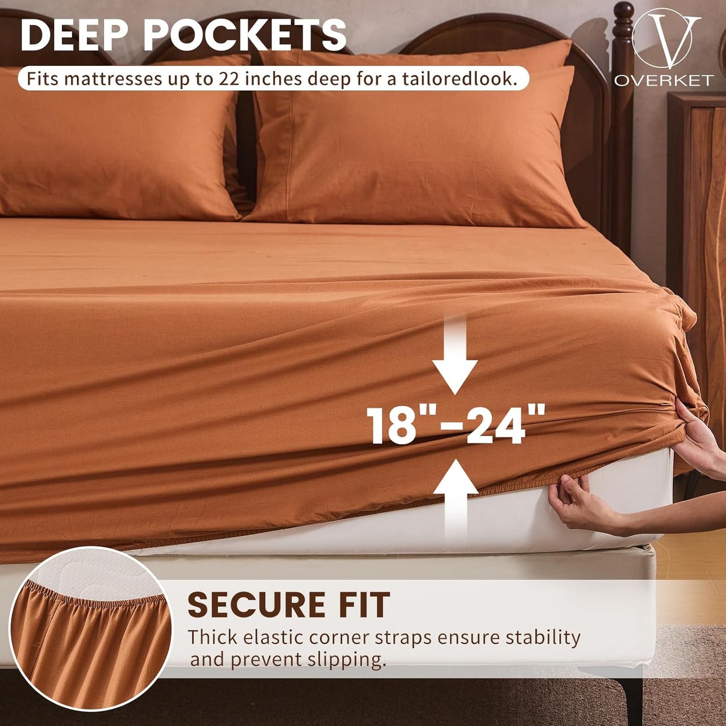100% Linen Sheet Set King Size Extra Deep Pocket Fits 18-24 Inch Mattress, Breathable & Soft, Smooth 6-Piece Set for Thick Mattresses Hotel Luxury Bedding（King, Brown）