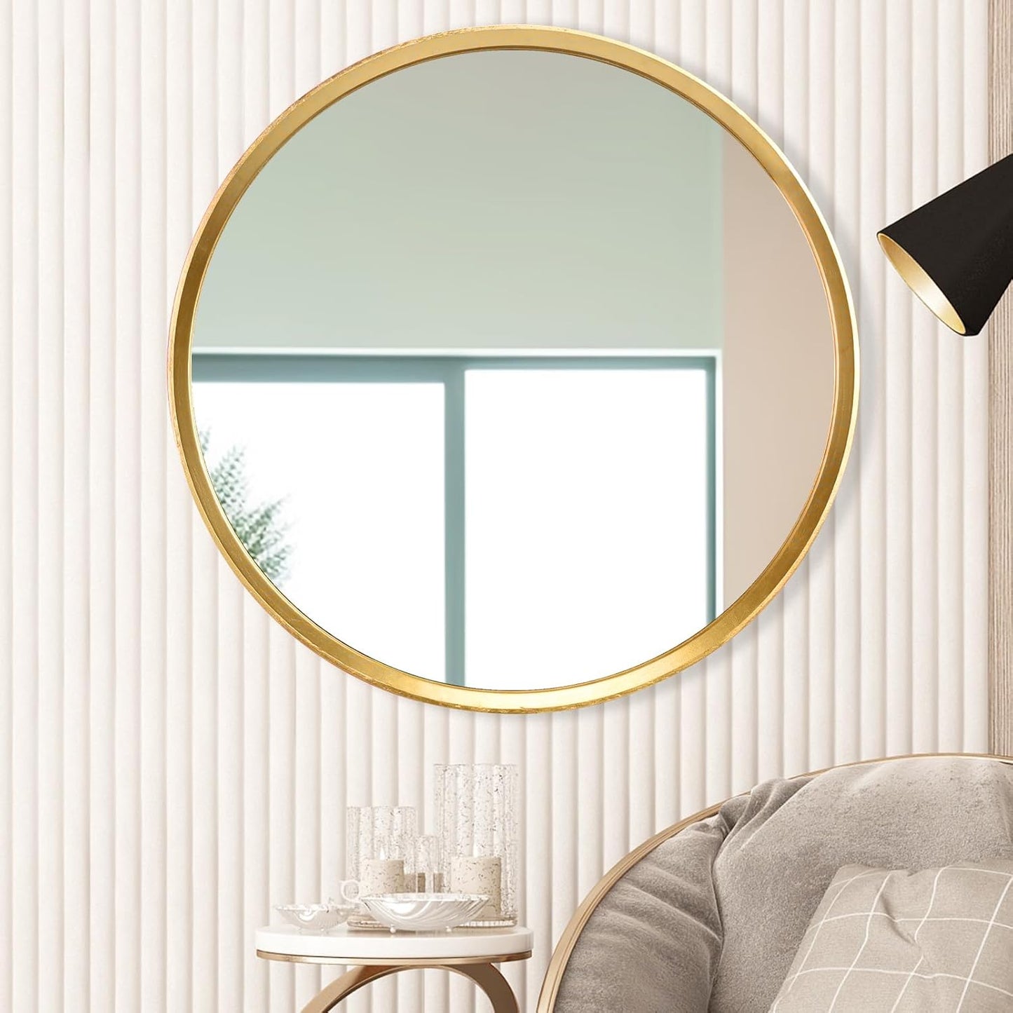 28 Inch Round Mirror, Gold Wood Frame, Wall Circle Mirror, Modern Home Decor, Bathroom Mirror