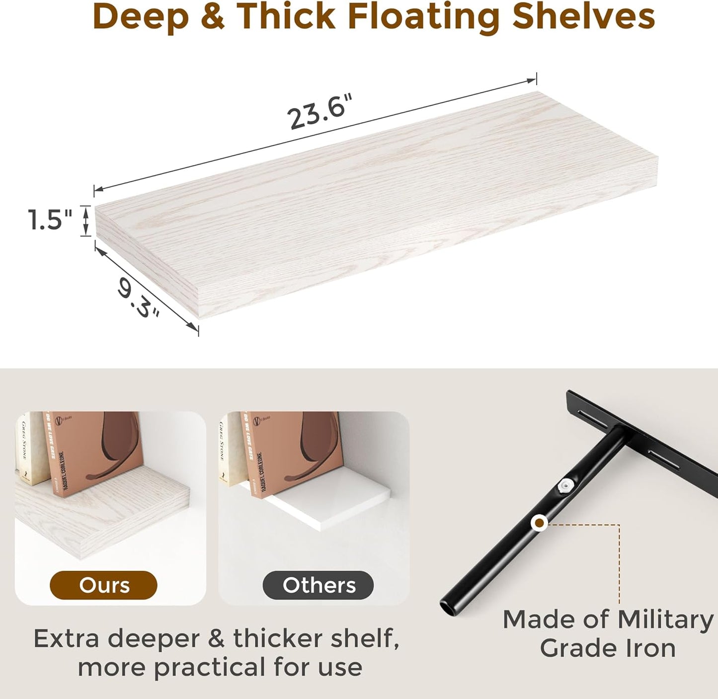 Fun Memories 24 Inch Floating Shelves for Wall, 9.3 Deep Wall Shelves for Home Decor & Storage, 24x9.3x1.5 Large Wooden Shelf with Heavy-Duty Bracket, Deep Shelf for Kitchen, Living Room, Brich Color