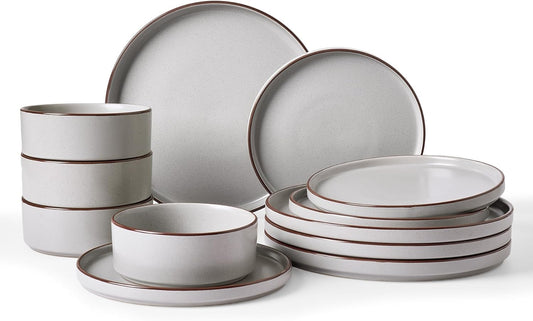 Famiware Nebula Ridge Stoneware Dinnerware Sets, Plates and Bowls Sets for 4, 12 Pieces Dishes Set, Microwave and Dishwasher Safe Kitchen Plates, Light Gray