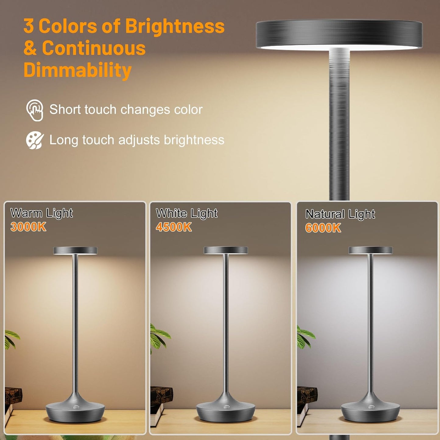 Cordless Table Lamp Outdoor - Rechargeable 6000mAh Battery Operated Table Light - LED Portable Touch Dimmable Waterproof Table Lamps for Patio Restaurant Dining (Grey)