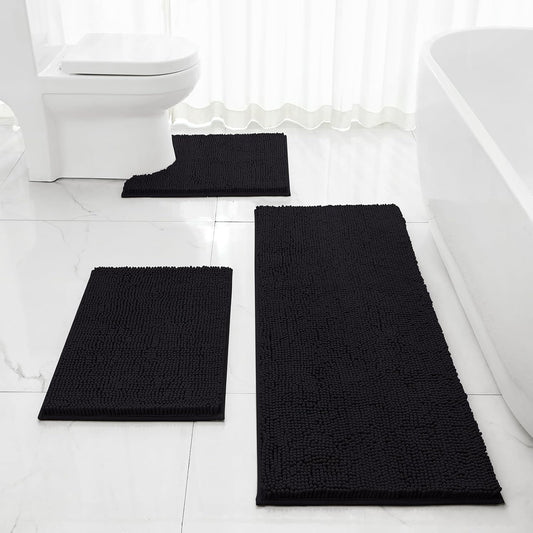 HOMEIDEAS 3 Pieces Bathroom Rugs, Extra Large Ultra Soft Non Slip Absorbent Chenille Toilet Bath Mat Set (Black,17"x24"+20"x48"+U Shape 20"x24")