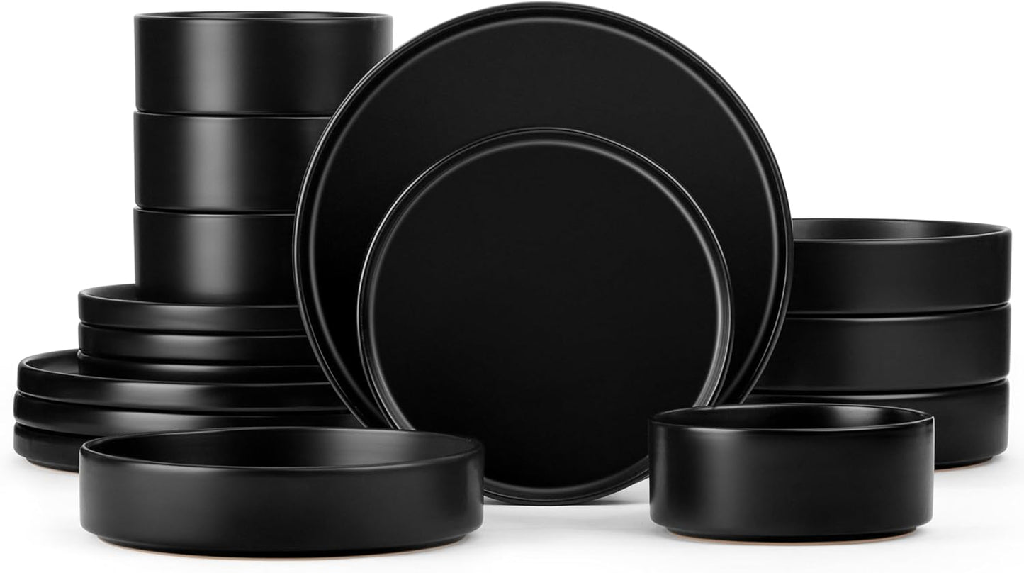 Herogo Dinnerware Sets with Pasta Bowls for 4, 16 Piece Dinner Salad Plates and Cereal Serving Bowls, Stoneware Dishes Dinner Ware for Home Kitchen, Chip & Scratch Resistant, Matte Black