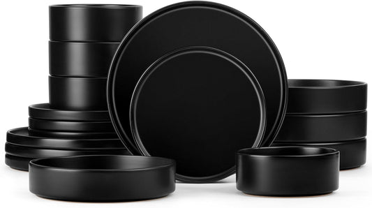 Herogo Dinnerware Sets with Pasta Bowls for 4, 16 Piece Dinner Salad Plates and Cereal Serving Bowls, Stoneware Dishes Dinner Ware for Home Kitchen, Chip & Scratch Resistant, Matte Black
