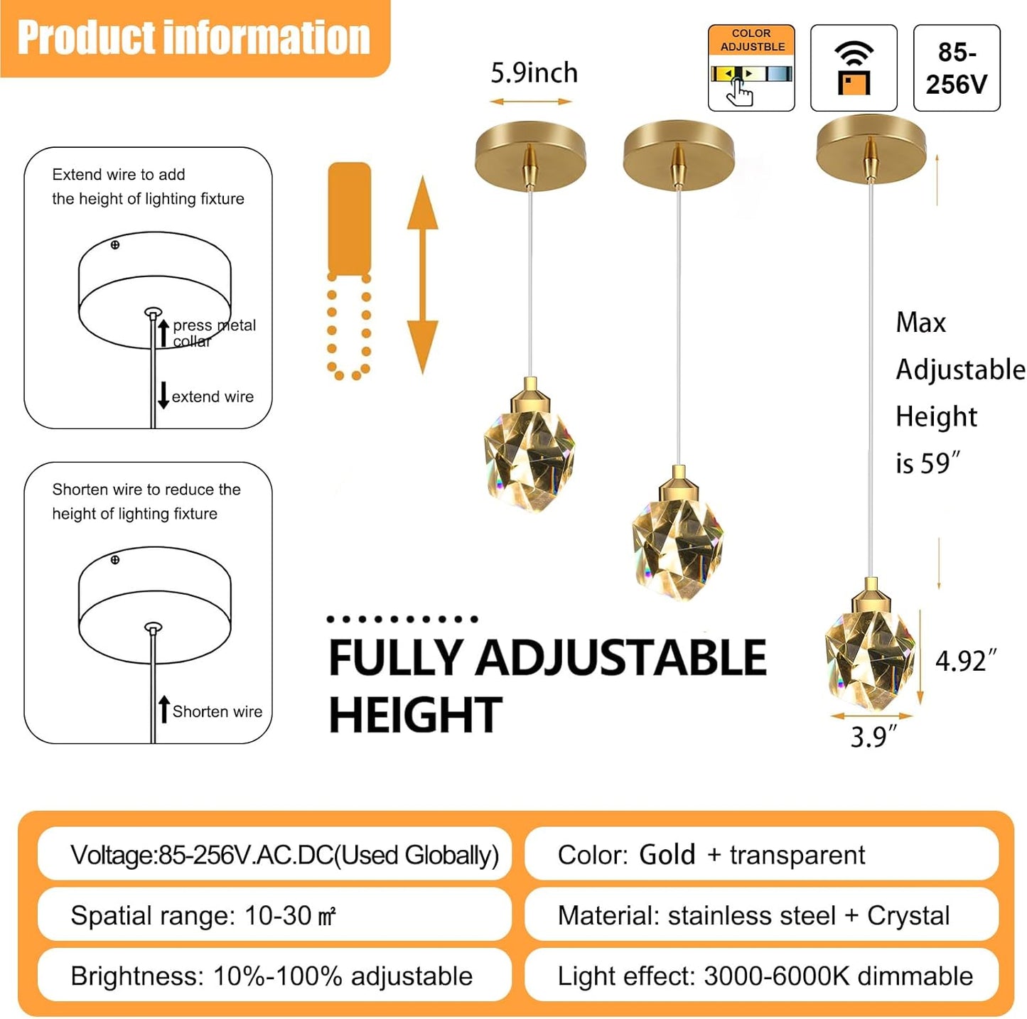 1-Light Gold Pendant Light Fixtures,Mini Crystal Chandelier for Entyway Bedroom Dimmable Pendant Light Kitchen Island 5W