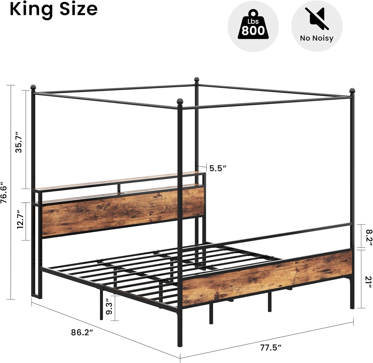 LIKIMIO Canopy Bed Frame King with Storage Headboard & Charging Station, Sturdy Metal Platform Bed with 4 Removable Posts, Dual Purpose Bed Frame, No Box Spring Needed, Noise Free