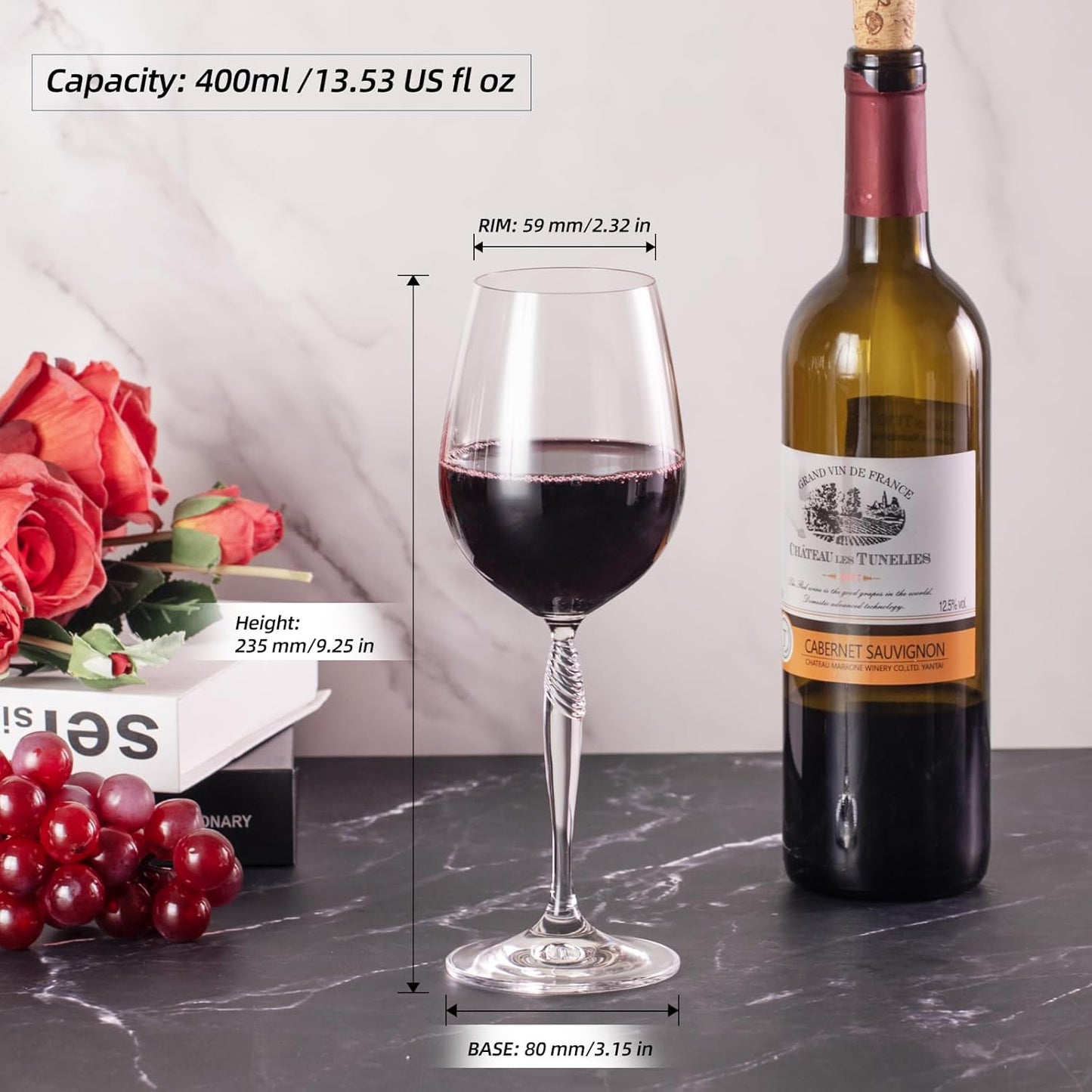 KAMMAK Wine Glasses Set of 2, 13.5 oz Hand Blown Crystal Bordeaux Wine Glasses, Thin Rim & Long Stem, Perfect for Red & White, Daily Use, Wedding Anniversary or Birthday Gift with Gift Box, Kaila