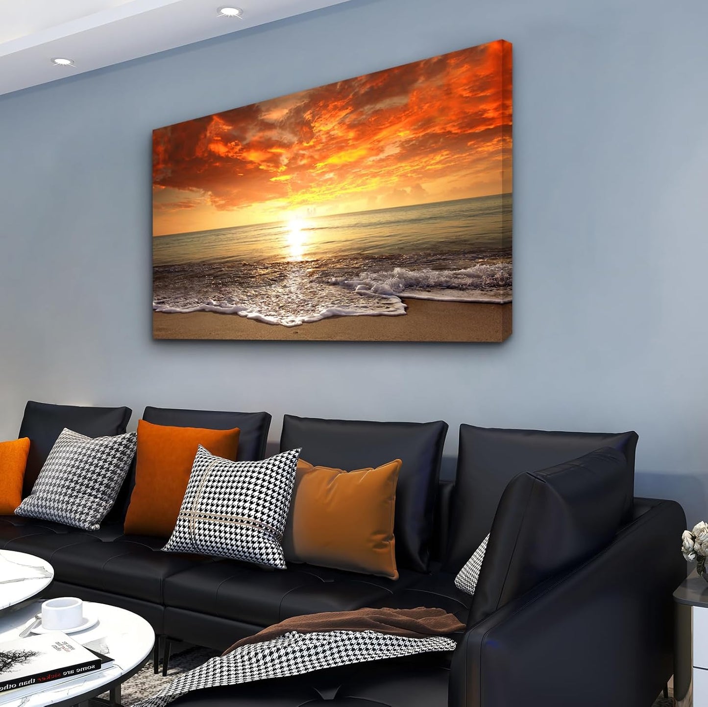 Baisuart-S0169 Canvas Prints Wall Art Sunset Ocean Beach Pictures Photo Paintings for Living Room Bedroom Home Decorations Modern Stretched and Framed Seascape Waves Landscape Giclee Artwork