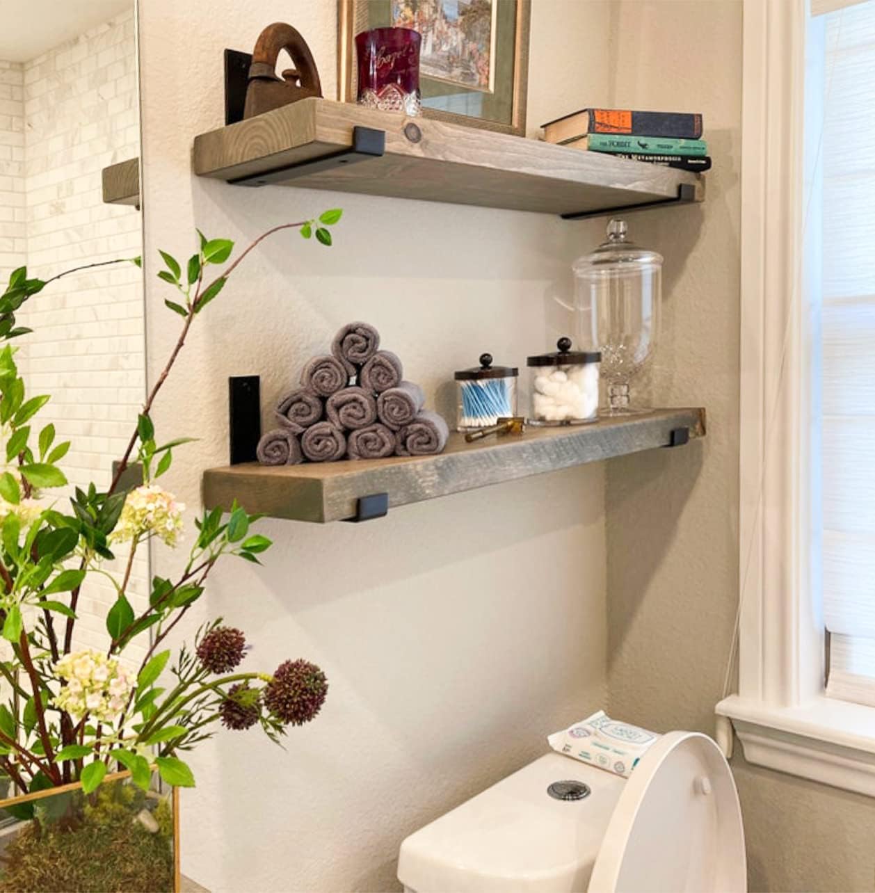 Rustic Shelves with J-Brackets Set of 2, Industrial Shelf, Kitchen Shelves, Solid Wood, Decorative Wall Storage, Heavy Duty, URBANDI (Grey, 48Wx10D)