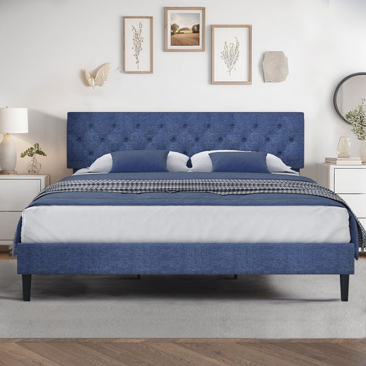 HOMBCK King Size Bed Frame and Headboard, Linen Fabric Upholstered Bed Frame King with Wood Slats, Button Tufted, No Box Spring Needed, Blue