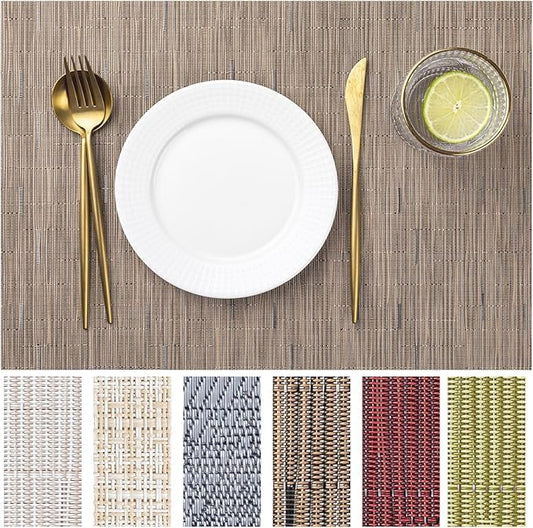 LEXMORE Placemats Set of 6 Vinyl/Plastic Woven Place Mats for Kitchen Table Indoor/Outdoor Washable Placemat Wipeable Dining Table Mats(Light Brown)