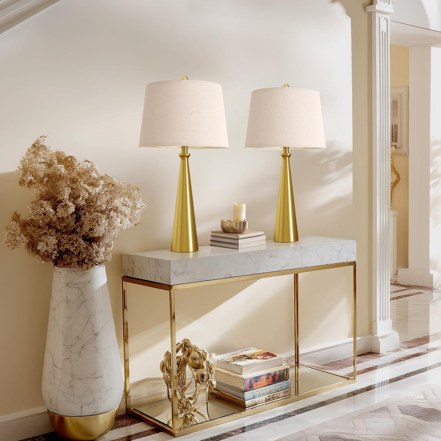 Oneach 25.75" Modern Table Lamp Set of 2, Bedside Lamps with USB Ports, Brass Gold Nightstand Lamps Set for Living Room Bedroom House Bedside Home Office Family