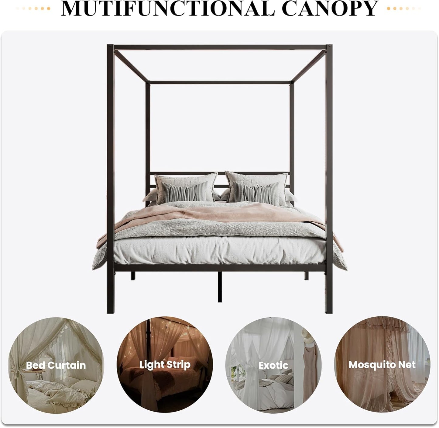 SHA CERLIN Canopy Bed Frame Queen Size/Mattress Foundation with Metal Slats Support/No Box Spring Needed/Easy Assembly/Black