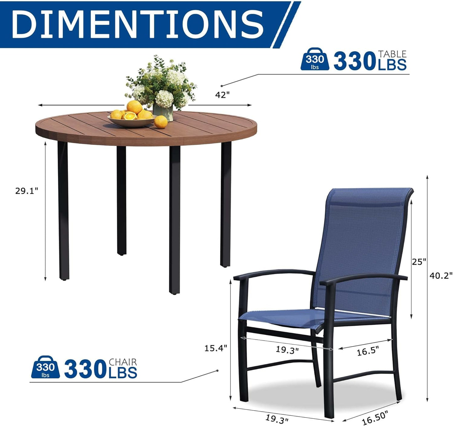 5 Piece Outdoor Dining Set, Patio Table and Chairs Set of 4, 42" Walnut Round Patio Table with 4 Blue Outdoor Patio Chairs for Lawn, Garden, Porch