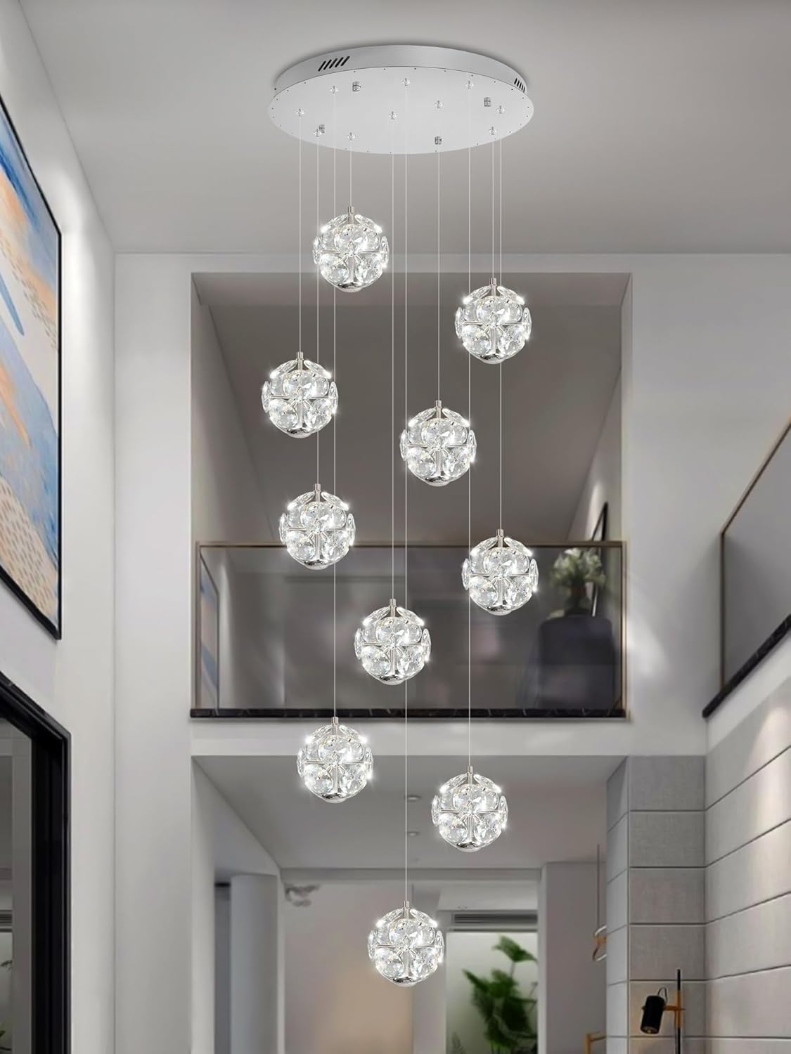 10-Light LED Staircase Modern Pendant Light Silver Crystal Ball Chandeliers Large Chandeliers for High Ceilings, Entryway Lighting Fixture Villas and Stairs