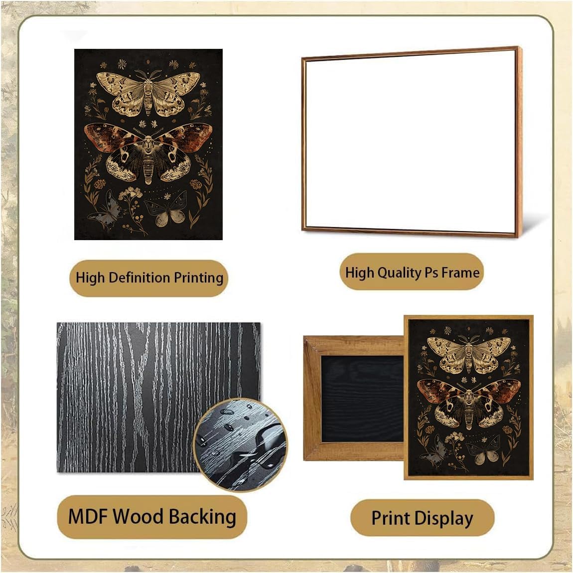 Djmwtb Vintage Framed Wall Art Moth Canvas Wall Art Prints Gothic Butterfly Floral Painting Boho Dark Academia Pictures Artwork for Living Room Bedroom Bathroom Office 12x16in