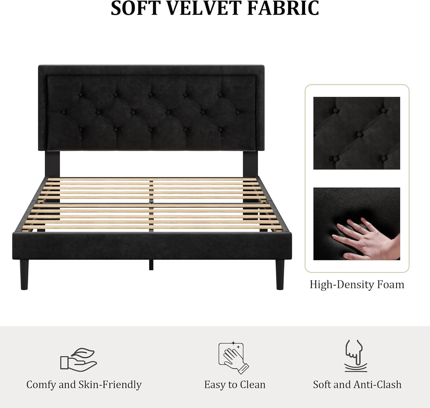 Queen Size Platform Bed Frame with Upholstered Velvet Button Tufted Headboard, Mattress Foundation with Wooden Slat Support, No Box Spring Needed, Easy Assembly, Noise Free, Black
