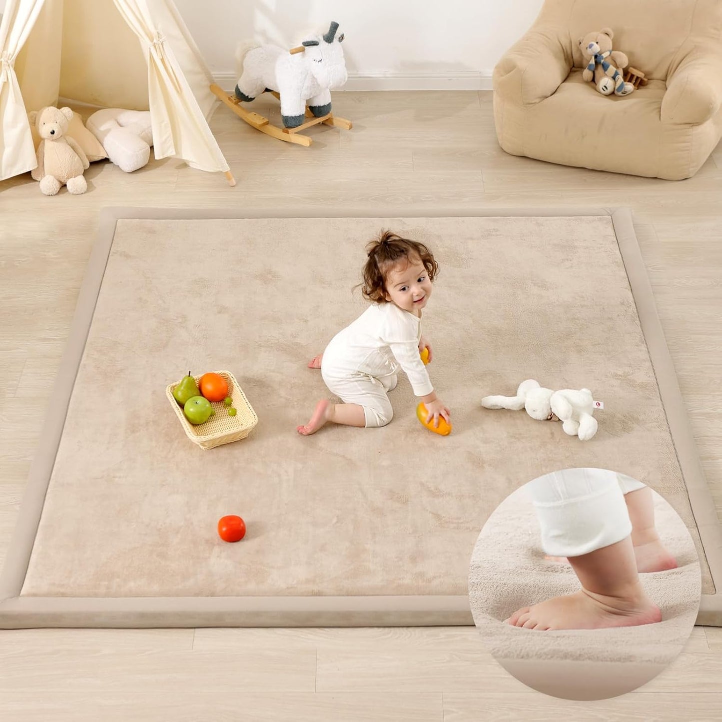 1.3" Thick Baby Play Mat for Floor Playpen, 50x50 Foam Tummy Time Mat, Padded Support Soft Plush Nursery Rug for Infant Kids Toddler Crawling Kick Activity (Beige)
