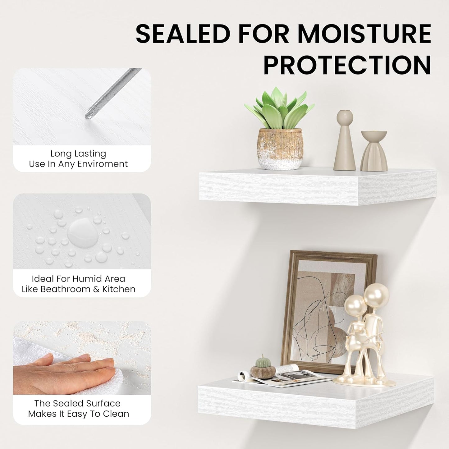 Square Floating Shelves for Wall, 10" W x 10" D x 1.2" H, Small Wooden Wall Mounted Display Shelves with Invisible Brackets for Living Room, Bedroom, Bathroom, Kitchen Decor, Set of 4, White