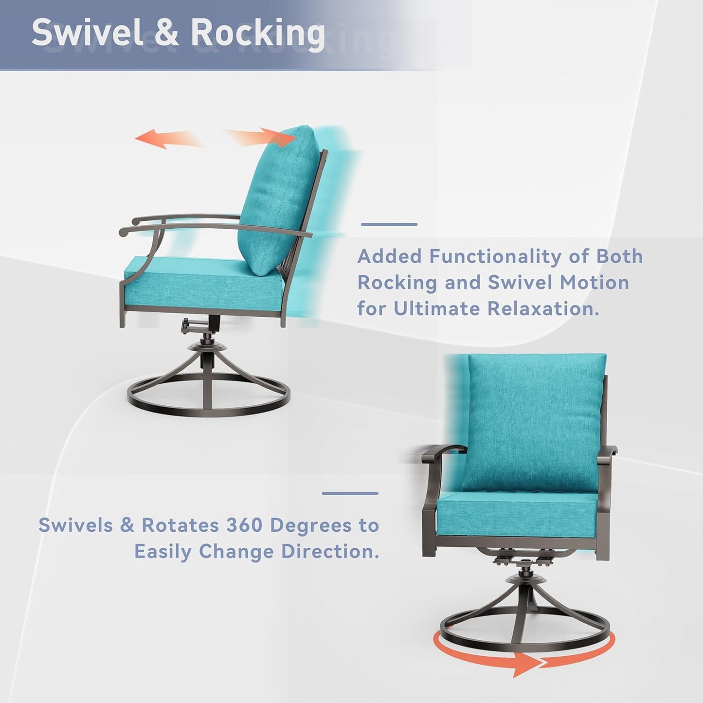 Kurapika 7 Piece Metal Outdoor Patio Furniture Set with Round Fire Pit Table, Patio Conversation Sets 6 Swivel Chairs with Thick Cushion and 40000 BTU Fire Pit Table, Blue