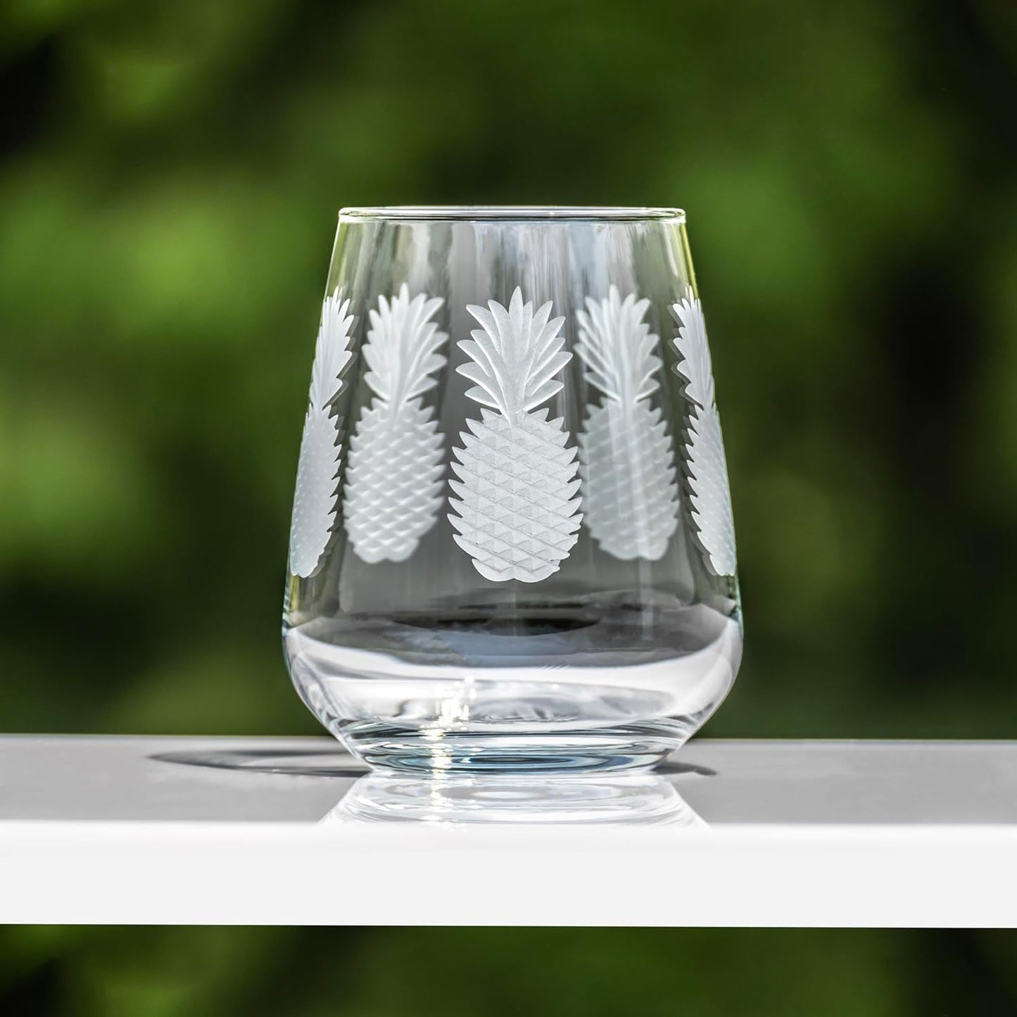 Rolf Glass Fresh Pineapple Stemless Wine Glass | 15.75oz Stemless Tumblers | Lead-Free and Diamond-Wheel Engraved | Tropical Coastal Etched Glassware with Pineapple Design | Set of 4