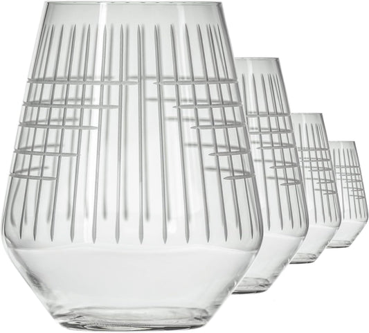 Rolf Glass Matchstick Stemless Wine Tumbler 18 ounce - Stemless Wine Glasses Set of 4 – Lead-Free Crystal Glass - Etched Tumbler Glasses - Made in the USA