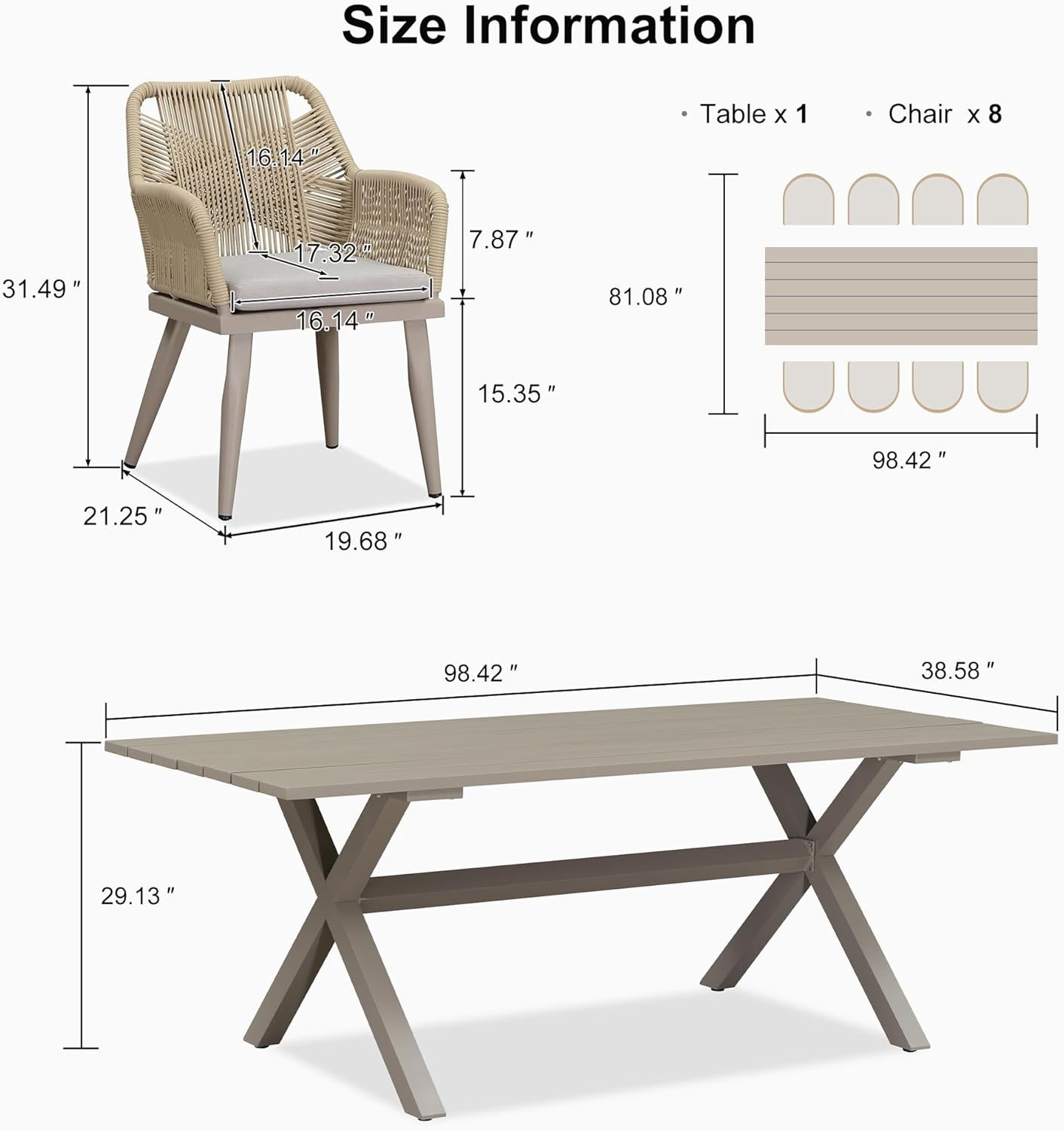 PURPLE LEAF Outdoor Patio Dining Set All-Weather PE Rattan Furniture Set with All Aluminum Frame Rectangular 9 Pieces Table and Chairs Set for 8 People Lawn Garden Backyard Deck, Champagne