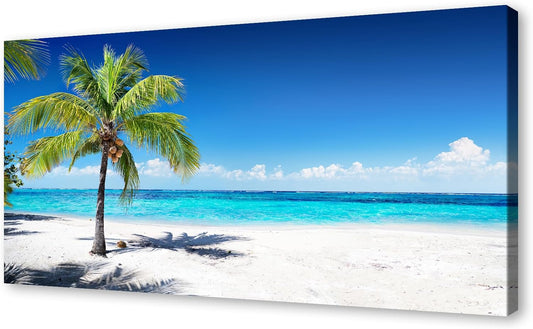 Baisuart-S03998 Large Canvas Wall Art Summer Ocean Waves Prints Coconut Trees on Sands Beach Seascape Painting Sea Nature Pictures Framed for Living Room Home Office Wall Decor Artwork