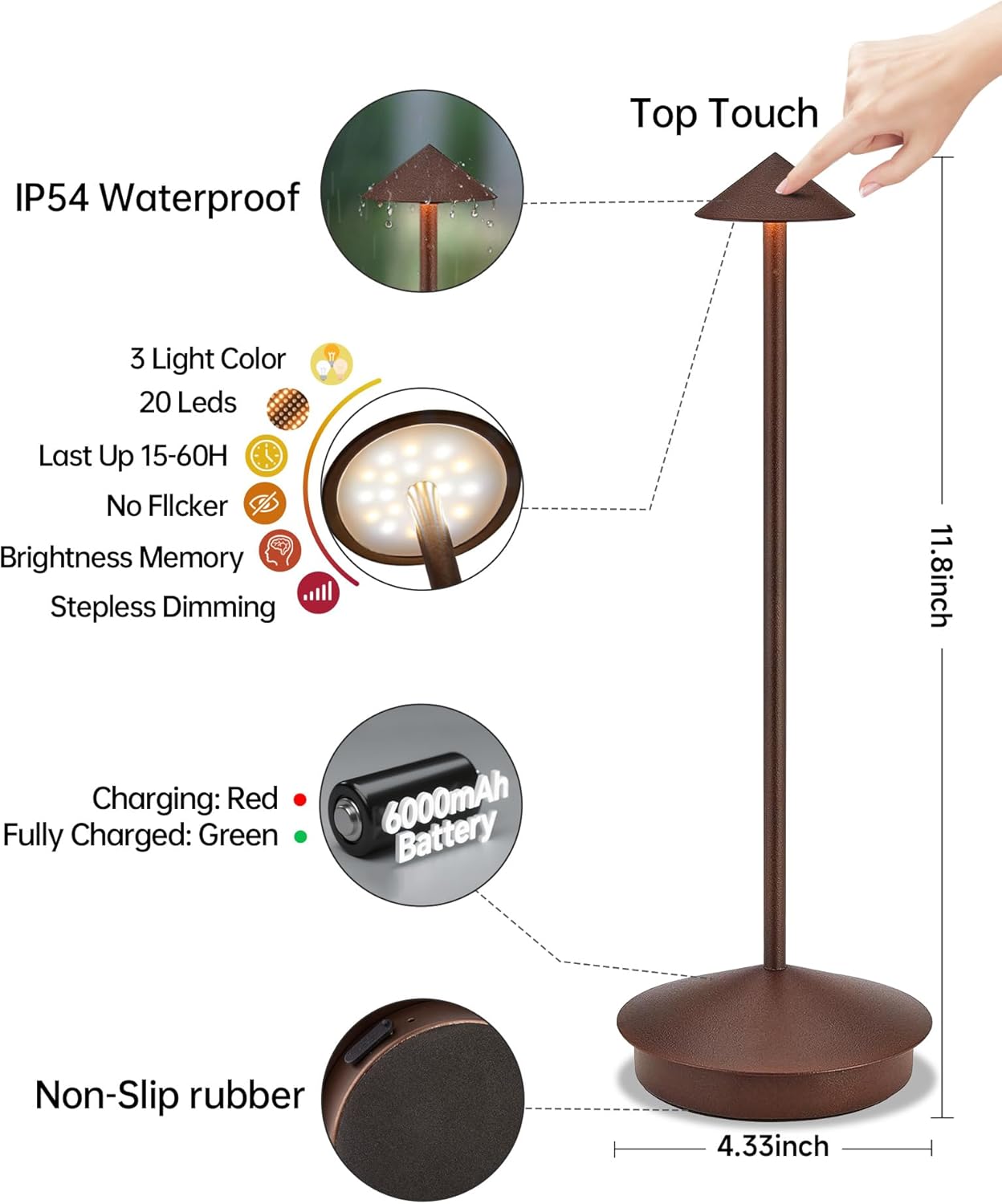 Portable Led Cordless Lamp Table Light 2 Pack, Rechargeable 6000mAh Battery Outdoor Table Lamp for Dinning Restaurant Patio Bedroom Camping, IP54 Waterproof, Dimmable