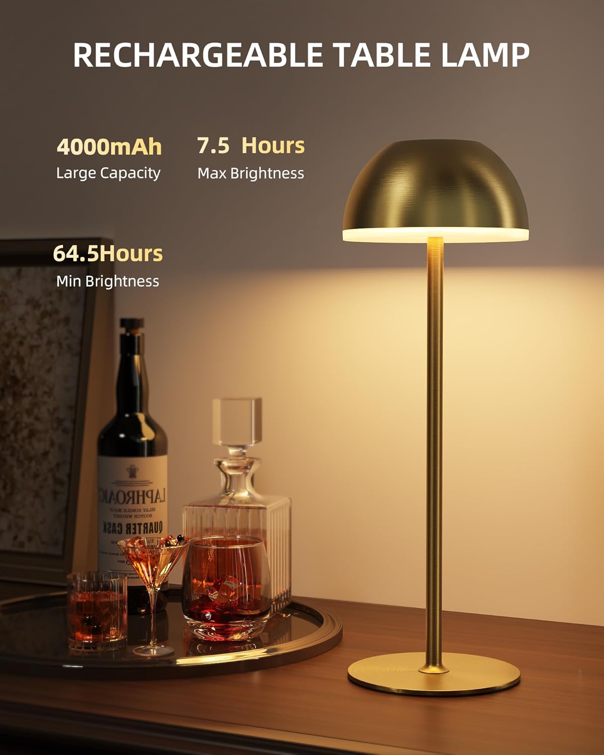 EZVALO Cordless Table Lamp, 2 Pack Rechargeable Battery Operated LED Lamp with Touch Control, Stepless Dimming, Portable Bedside Desk Light for Restaurant, Bedroom, Patio, Nightstand (Gold)